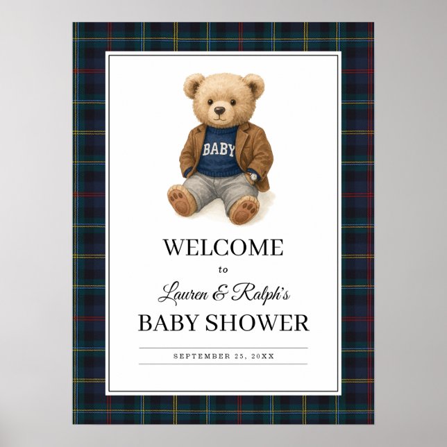 Poster Cartaz de Chuvada de Bebê do Urso de Xadrez Clássi (Frente)