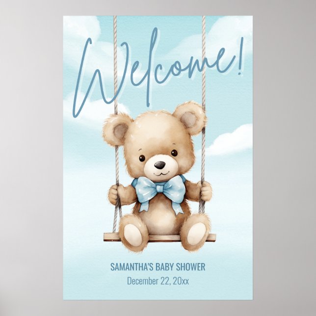 Poster Cartaz de Chuvada de Bebê Urso Teddy Azul (Frente)