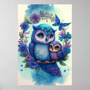 Poster Cartaz de Coruja Mãe e Bebê - Nestling