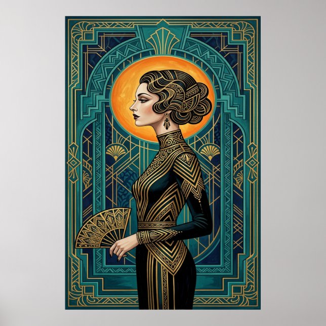 Poster Cartaz de Dançarina de Perfil Art Deco com Leque D (Frente)
