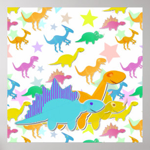 Poster Cartaz de Dinossauros de Desenho Animado Colorido