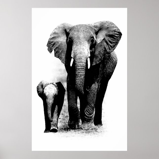 Póster Cartaz de Elefante & Elefante Bebê BW (Frente)