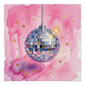 Póster Cartaz de Espelho de Bola de Discoteca em Aquarela