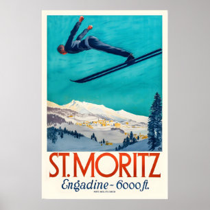 Poster Cartaz de Esqui Antigo de St. Moritz Engadin Suíça