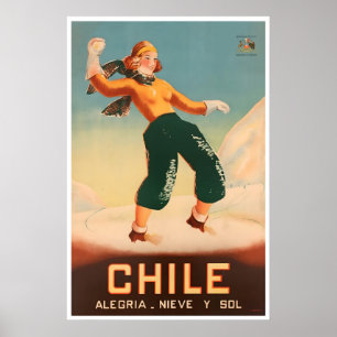 Poster Cartaz de Esqui no Chile Arte de Viagem Chilena Fe