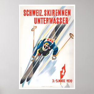 Poster Cartaz de Esqui Suíço Arte de Viagem Suíça Vintage