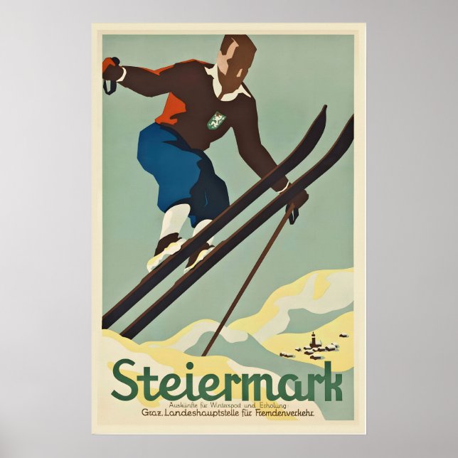 Poster Cartaz de Esqui Vintage Graz Steiermark Áustria (Frente)