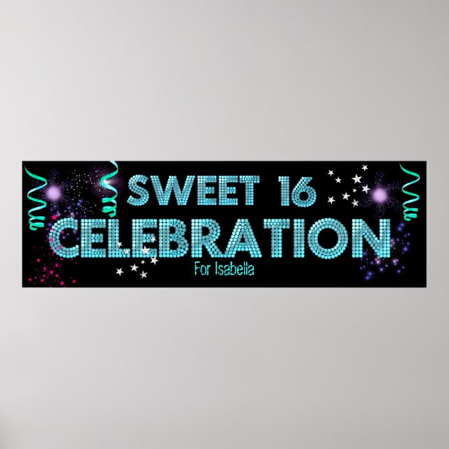 Póster Cartaz de Faixa Sweet 16 Azul Turquesa (Frente)