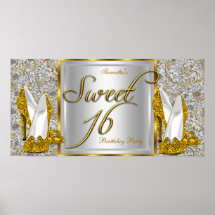 Póster Cartaz de Faixa Sweet 16 Dourado Prata
