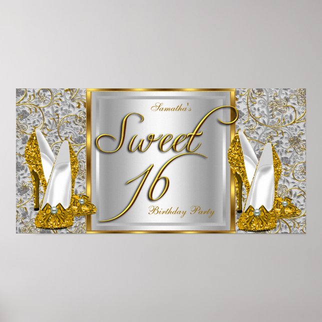 Póster Cartaz de Faixa Sweet 16 Dourado Prata (Frente)