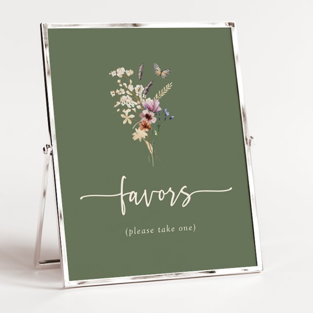 Poster Cartaz de Favoritos Boho (Watercolor Wildflower Sage Green Boho Favors Poster with Butterfly by Painted Paperie
)