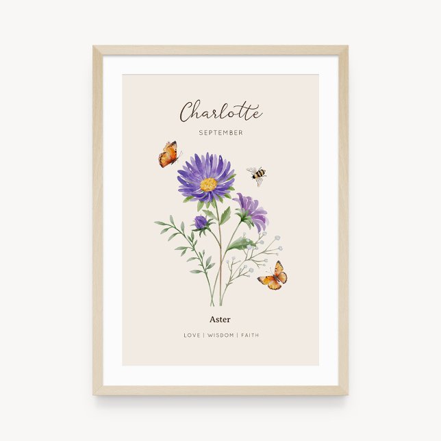 Poster Cartaz de Flor de Nascimento Áster (Example of aster birth flower poster once framed. )