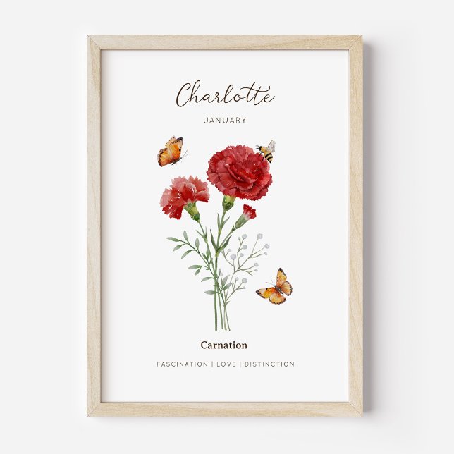 Poster Cartaz de Flor de Nascimento Cravo (Example of carnation birth flower poster once framed. )