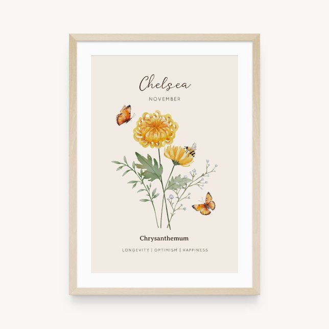 Poster Cartaz de Flor de Nascimento Crisântemo (Example of chrysanthemum birth flower poster once framed. )