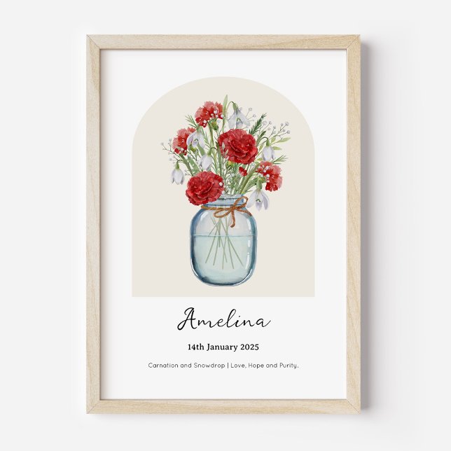 Poster Cartaz de Flor do Mês de Nascimento Cravo e Snowdr (Personalised January Birth Month Flower Bouquet in Vase Poster | Carnation and Snowdrop.)