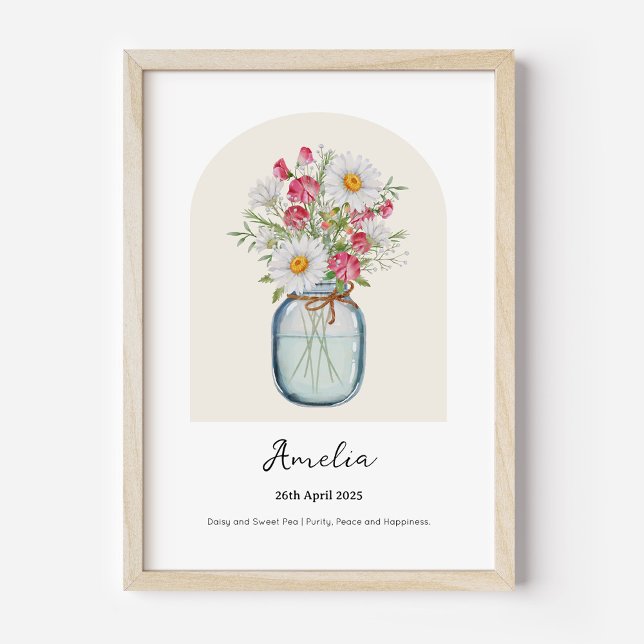 Poster Cartaz de Flor do Mês de Nascimento da Ervilha-de- (Personalised April Birth Month Flower Bouquet in Vase Poster | Daisy and Sweet Pea.)