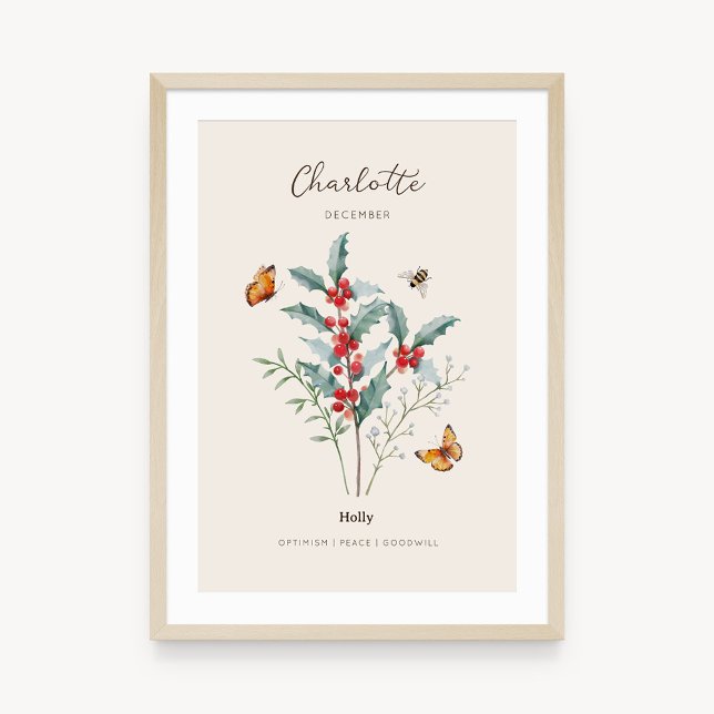 Poster Cartaz de Flor do Mês de Nascimento de Azevinho (Example of holly birth flower poster once framed. )