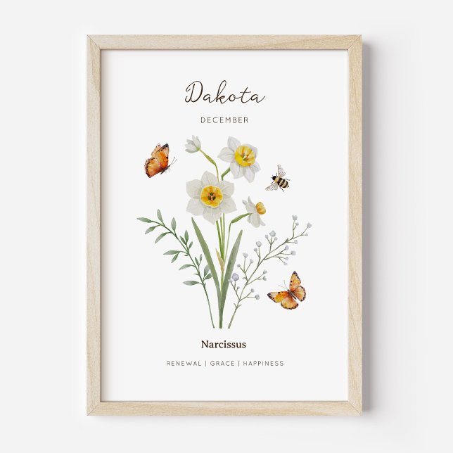 Poster Cartaz de Flor do Mês de Nascimento Narciso (Example of narcissus birth flower poster once framed. )