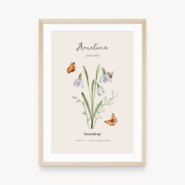 Poster Cartaz de Flor do Mês de Nascimento Snowdrop (Example of snowdrop birth flower poster once framed. )