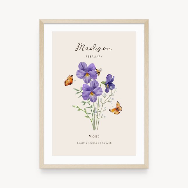 Poster Cartaz de Flor do Mês de Nascimento Violeta (Example of violet birth flower poster once framed. )