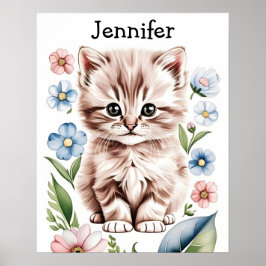 Poster Cartaz de Flores da Primavera e Gatinho Adorável