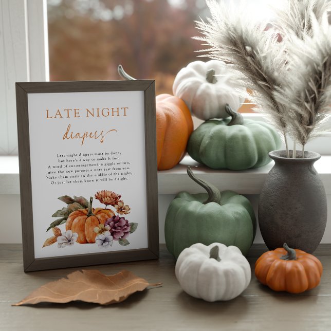 Poster Cartaz de Fralda de Noite de Outono (Late Night Diapers Game Sign Baby Shower Fall Pumpkins)