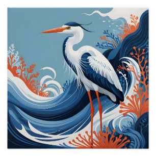 Póster cartaz de garça da onda do oceano