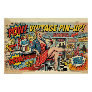 Póster Cartaz de Garota Pin-Up de Diner Retro Pop Art em 