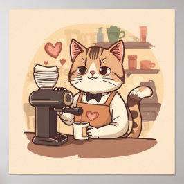 Poster Cartaz de Gato Barista de Desenho Animado Bonito e