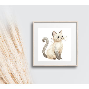 Poster Cartaz de Gato Boho Bordado Bege Neutro