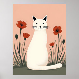 Poster Cartaz de Gato Branco com Flores de Papoula Vermel