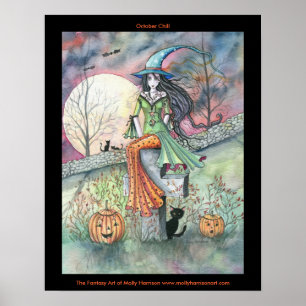 Póster Cartaz de Gato de Bruxa do Halloween de Outubro Re
