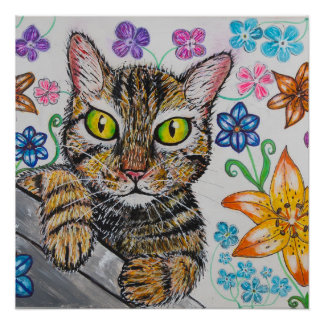 Póster Cartaz de gato e fundo floral