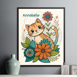 Poster Cartaz de Gato Fofo com Flores