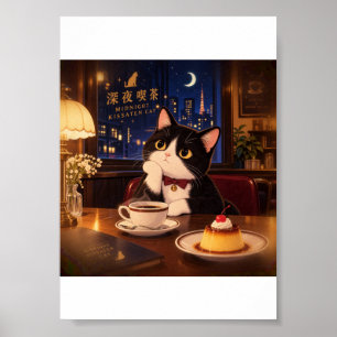 Poster Cartaz de Gato Kissaten à Meia-Noite Café Japonê