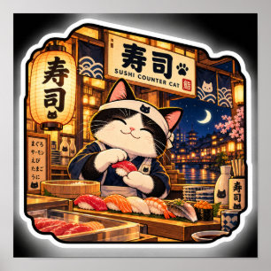 Poster Cartaz de Gato no Balcão de Sushi   Arte de Bar de
