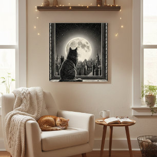 Poster Cartaz de Gato no Cenário Urbano ao Luar Preto e B