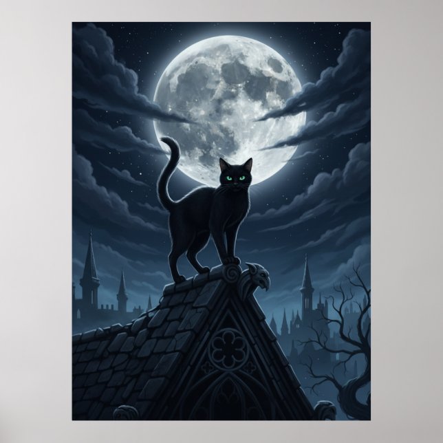 Poster Cartaz de Gato Preto Engraçado Sentado nas Nuvens (Frente)