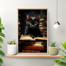 Cartaz de Gato Preto Fofo Lendo um Livro