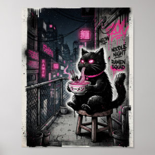 Poster Cartaz de Gato Preto Irreverente Bebendo Ramen Ros