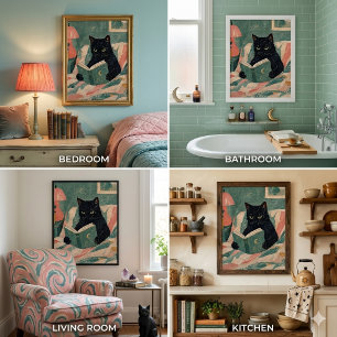 Poster Cartaz de gato preto vintage engraçado lendo livro