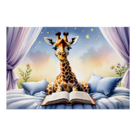 Póster Cartaz de Girafa Lendo um Livro para Quarto de Beb