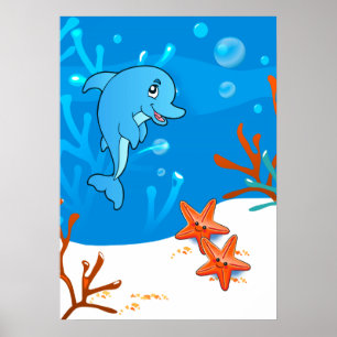Póster Cartaz de Golfinho e Estrela-do-Mar Aquáticos e Fo