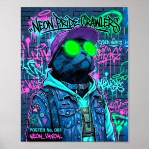 Poster Cartaz de Grafite de Gato Cyberpunk Neon Vandal