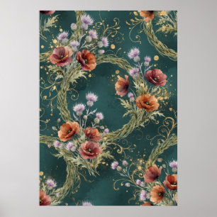 Poster Cartaz de Grinalda Floral de Papoula Teal Cardo