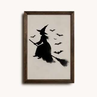 Poster Cartaz de Halloween de Bruxa Voadora em Vassoura
