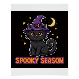 Póster Cartaz de Halloween de Gato Preto com Chapéu de Br
