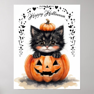 Poster Cartaz de Halloween de Gato Preto Fofo | Abóbora J