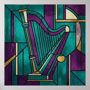 Poster Cartaz de Harpa em Vidro Pintado Abstrato em Verde