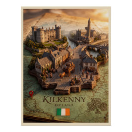 Póster Cartaz de Ilustração de Mapa 3D de Kilkenny Irland
